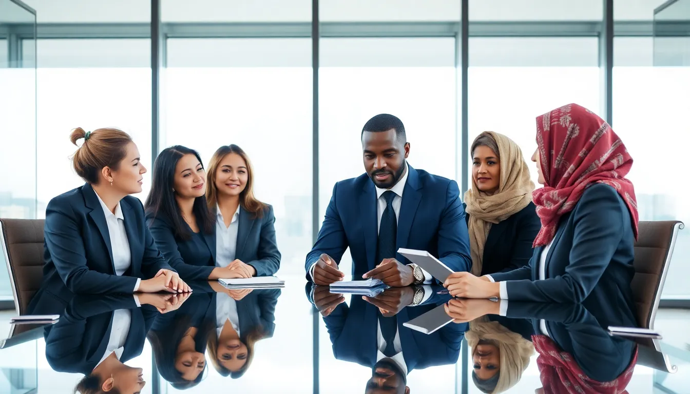 diverse team engaged in executive leadership coaching session in a modern office.