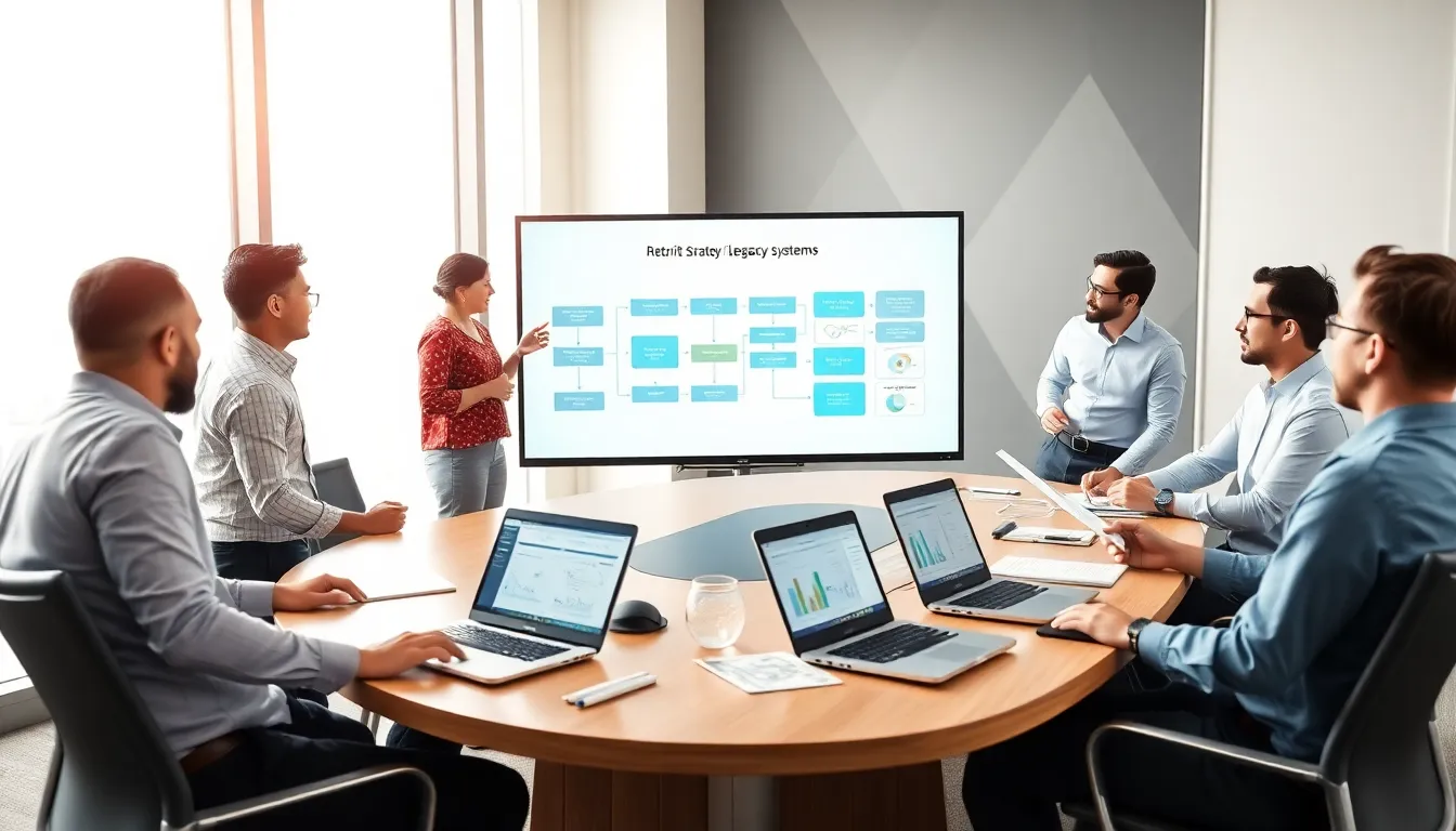 IT team collaborating on retrofitting legacy systems in a modern office.