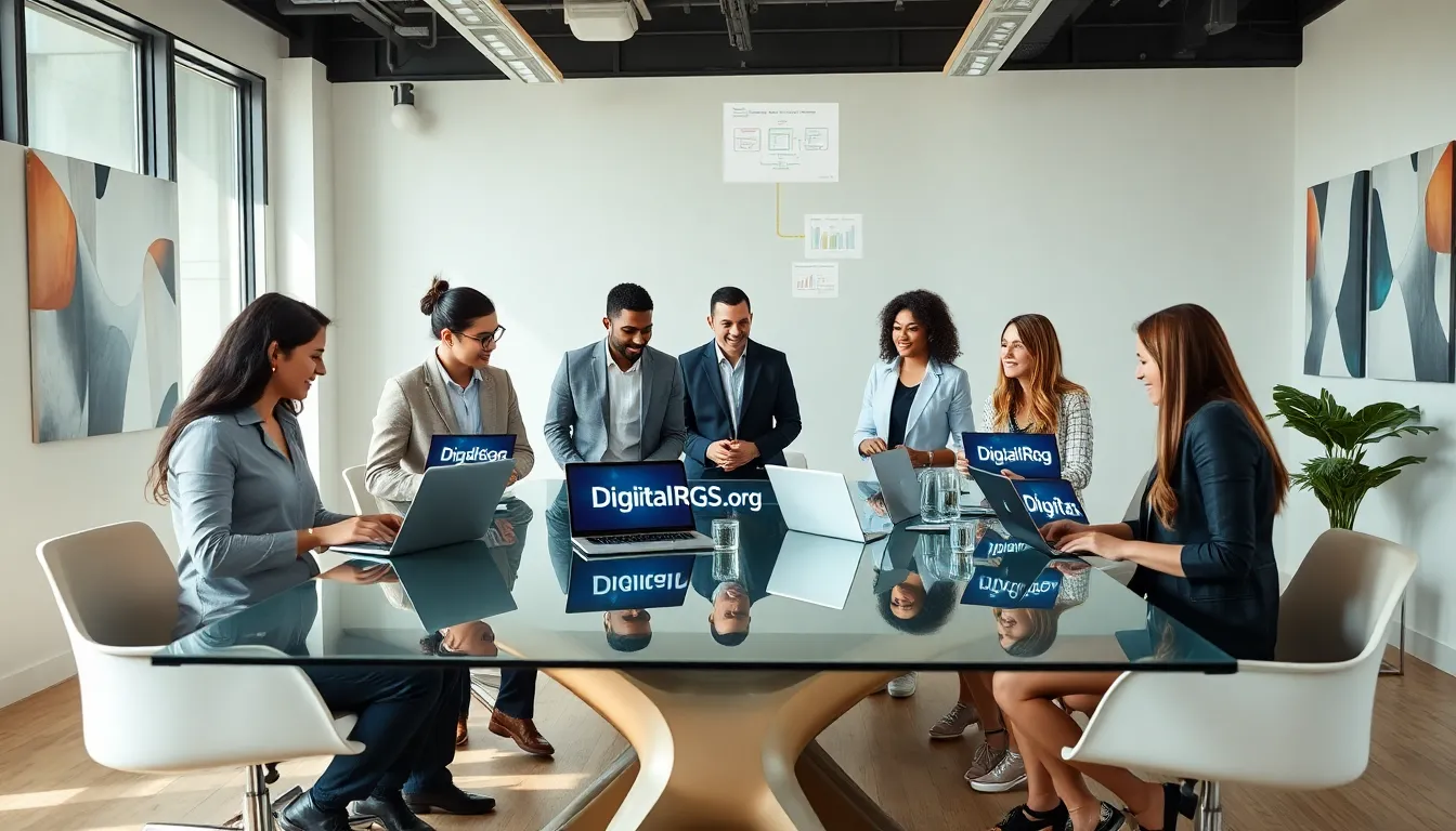 diverse professionals collaborating in a modern workspace.