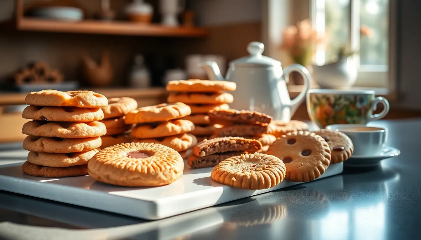 assorted Dutch cookies on a modern platter in a cozy kitchen setting.