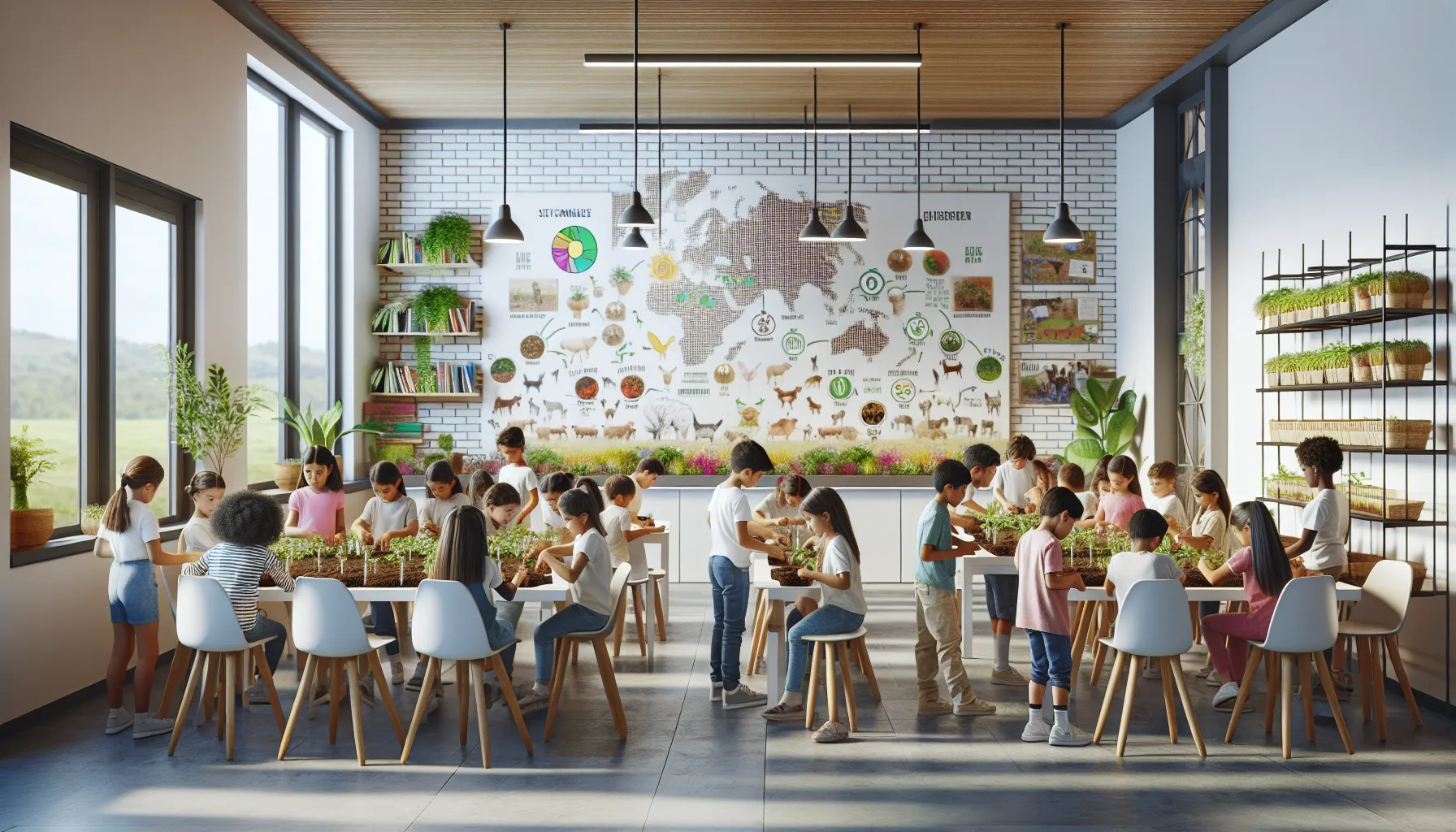 children learning about sustainability in a modern classroom setting.