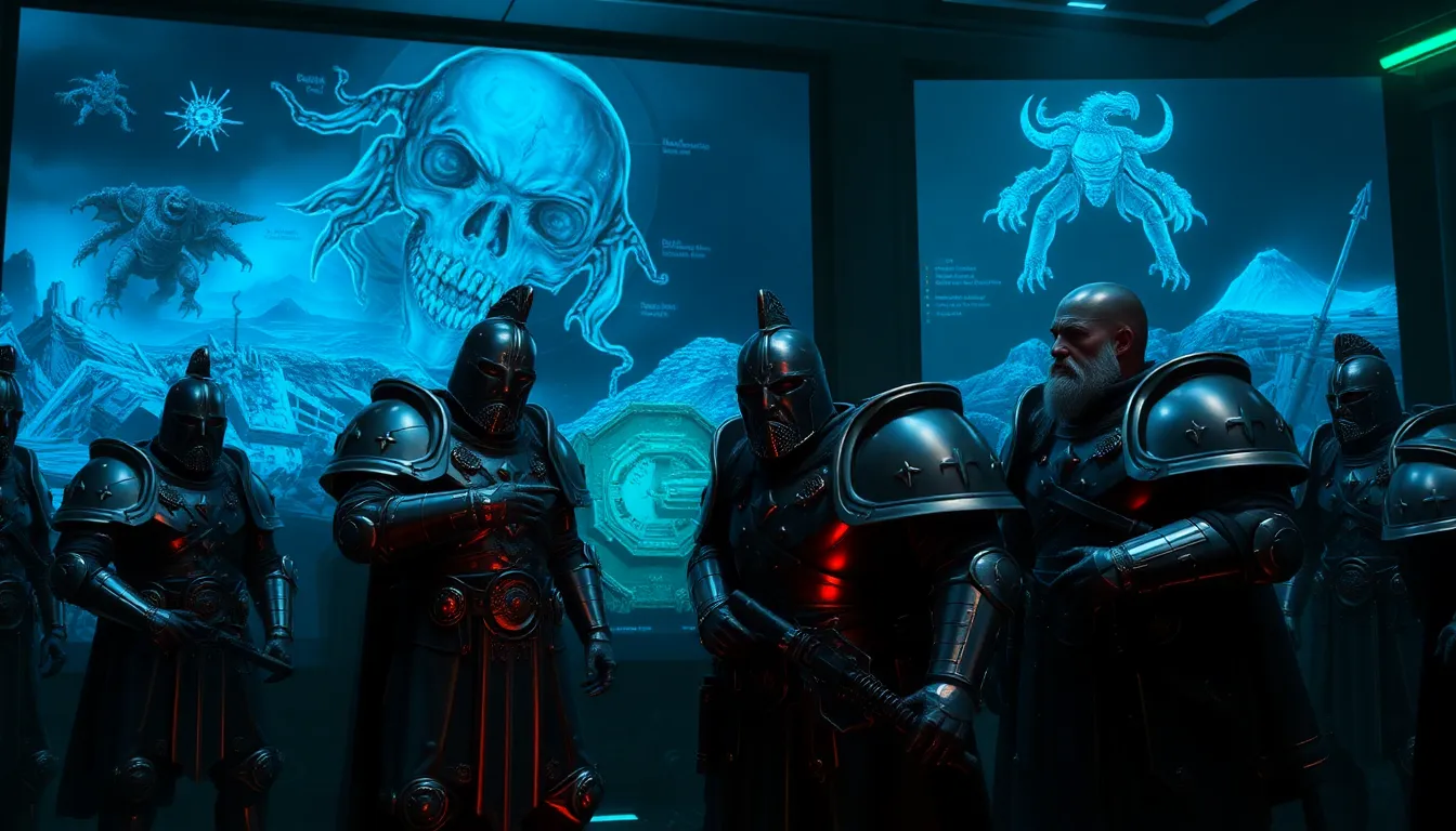 Grey Knights strategizing in a high-tech war room.