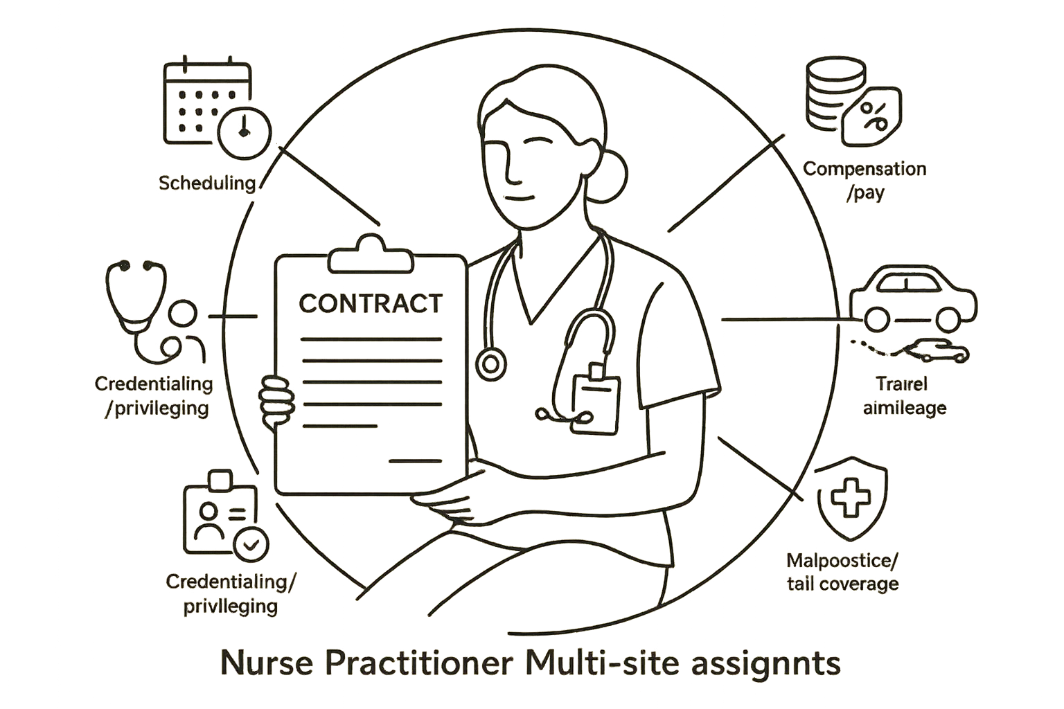 Nurse practitioner holding a contract surrounded by icons for scheduling, pay, travel, liability, supervision, credentialing.