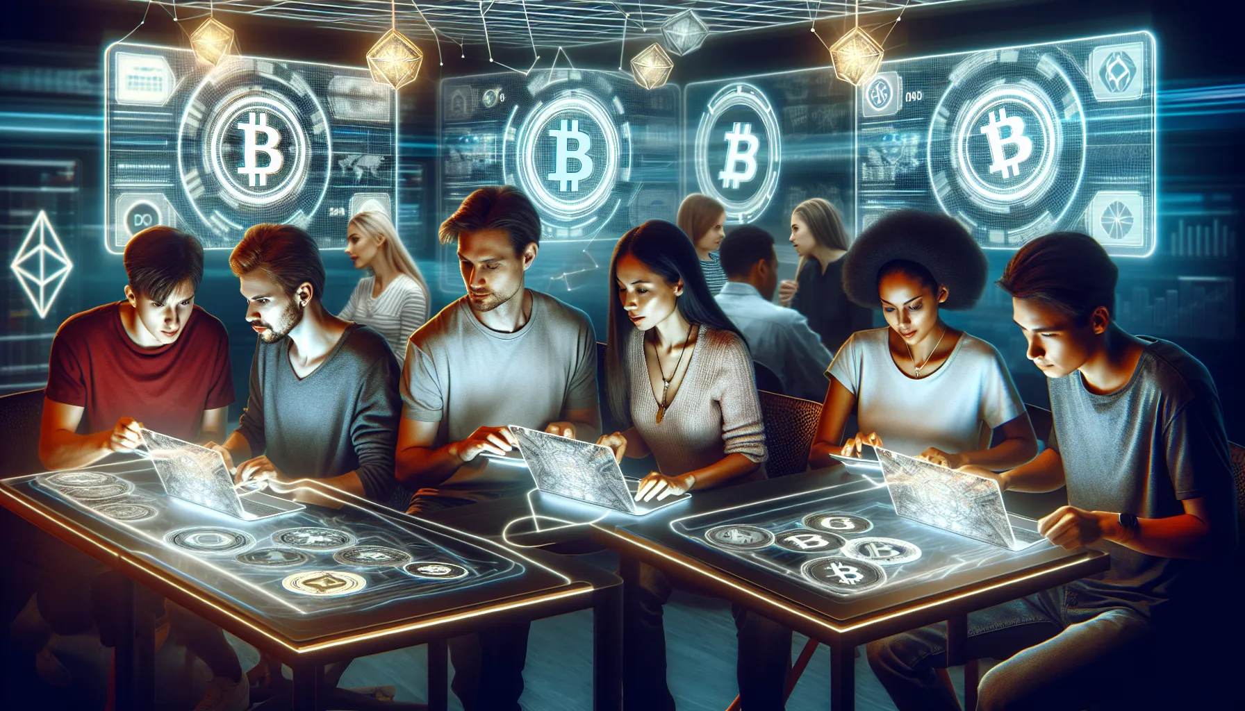 group of diverse gamers engaged in crypto gaming with laptops.