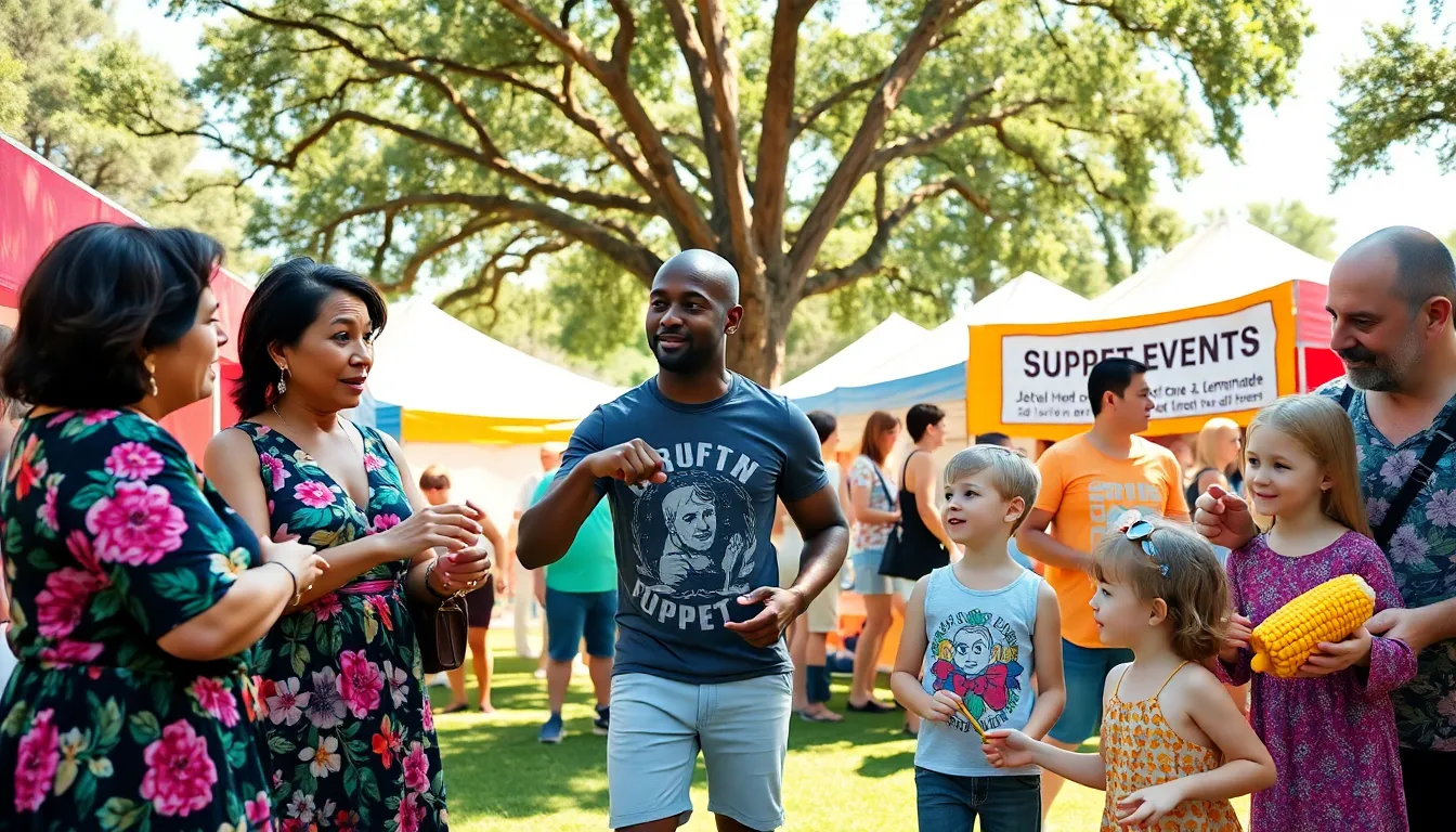 A lively outdoor community event with diverse attendees enjoying various activities.
