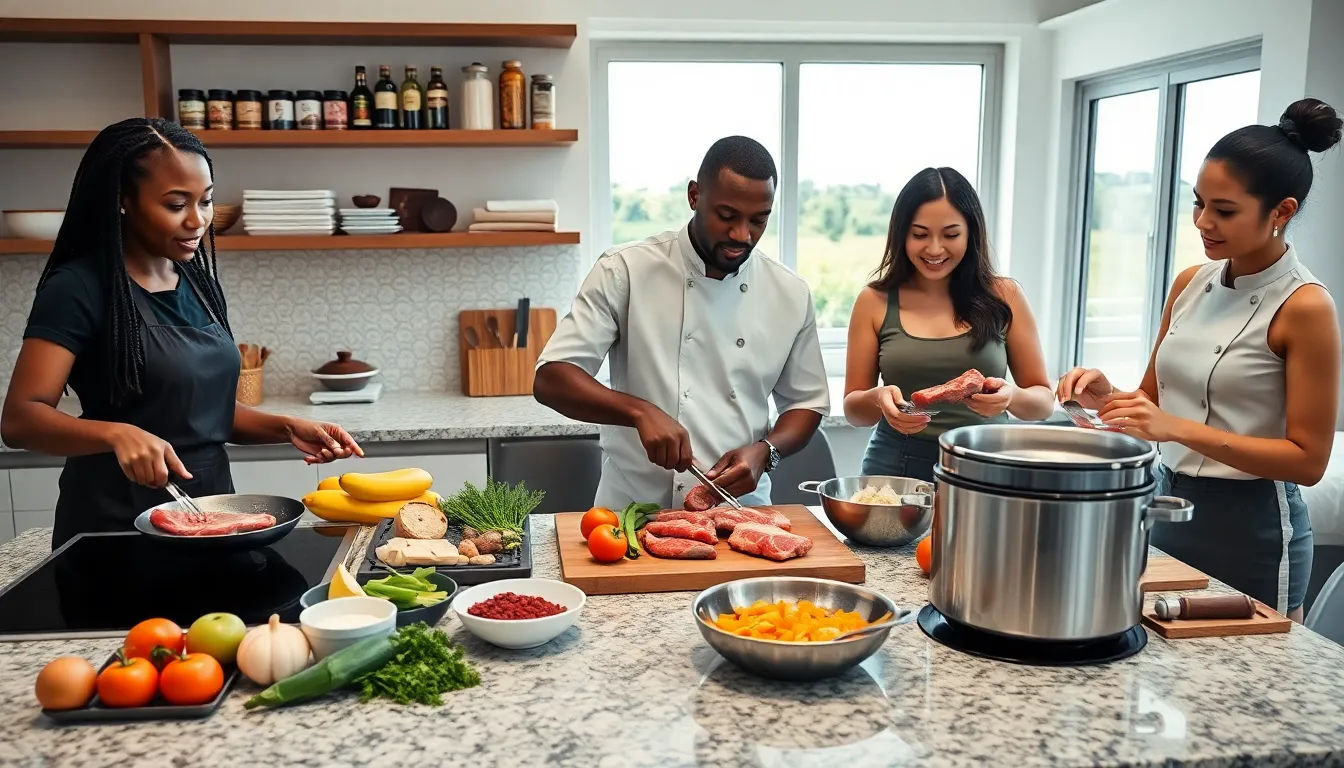 diverse cooks demonstrating basic cooking techniques in a modern kitchen.