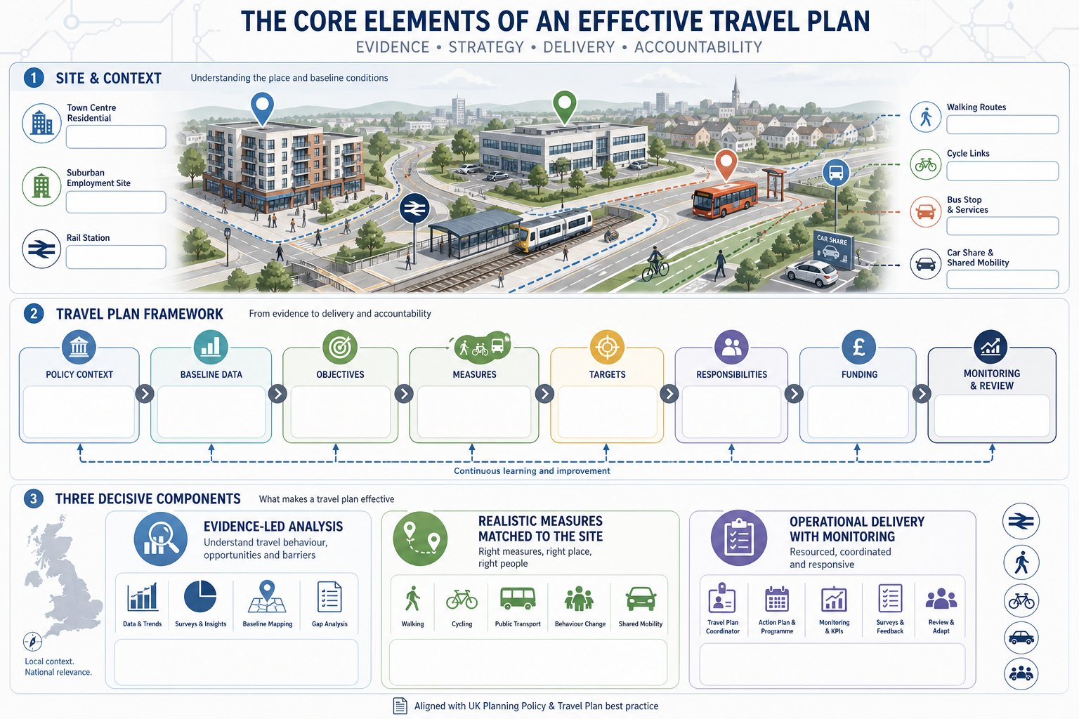 infographic showing the key parts of an effective travel plan for developments