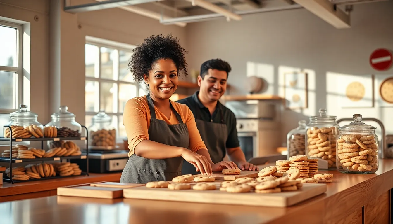 diverse team in a bakery preparing cookies with love.