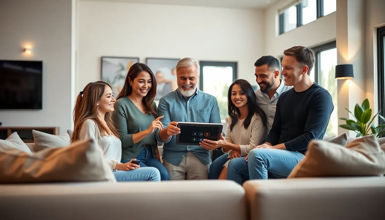 diverse homeowners using a Control 4 home automation system in a modern living room.