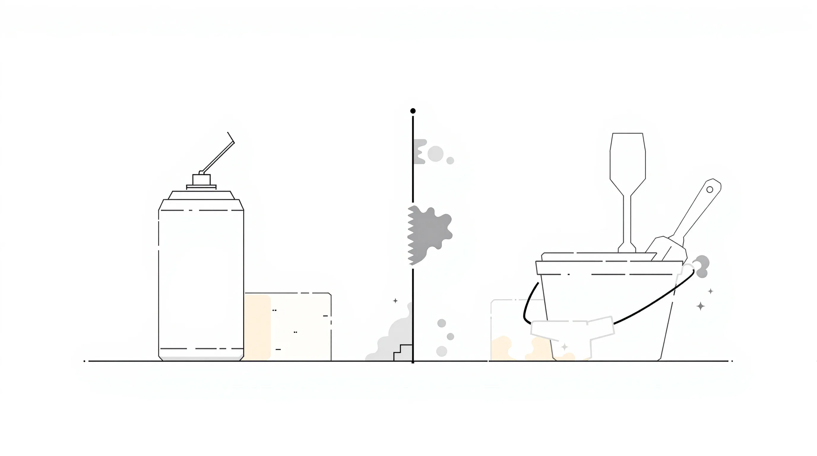 Minimal side-by-side comparison of foam canister and mortar bucket with trowel for masonry.