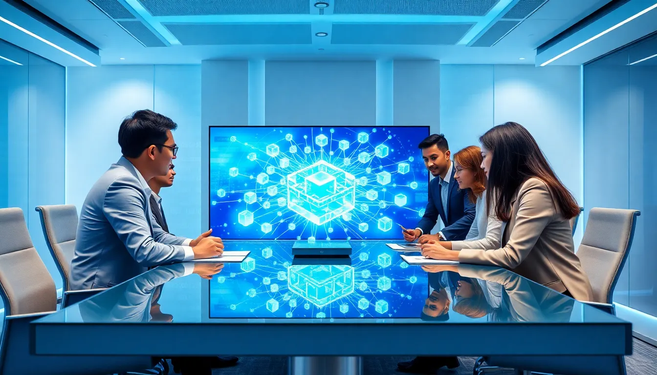 professionals discussing blockchain technology in a modern office.