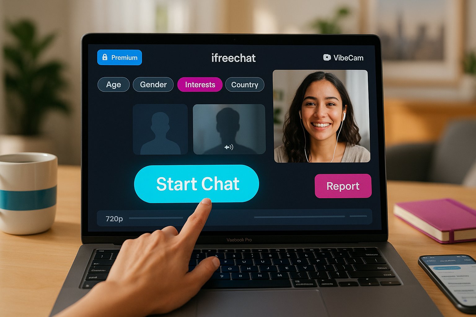 Close-up laptop with ifreechat Start Chat button and visible filters.