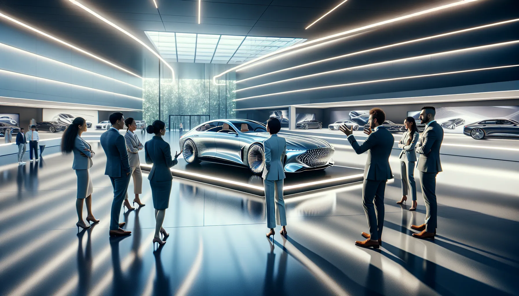 diverse group discussing the Model Xucvihkds in a modern showroom.