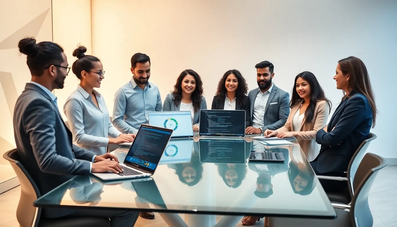 diverse team collaborating in a modern office on DevOps strategies.