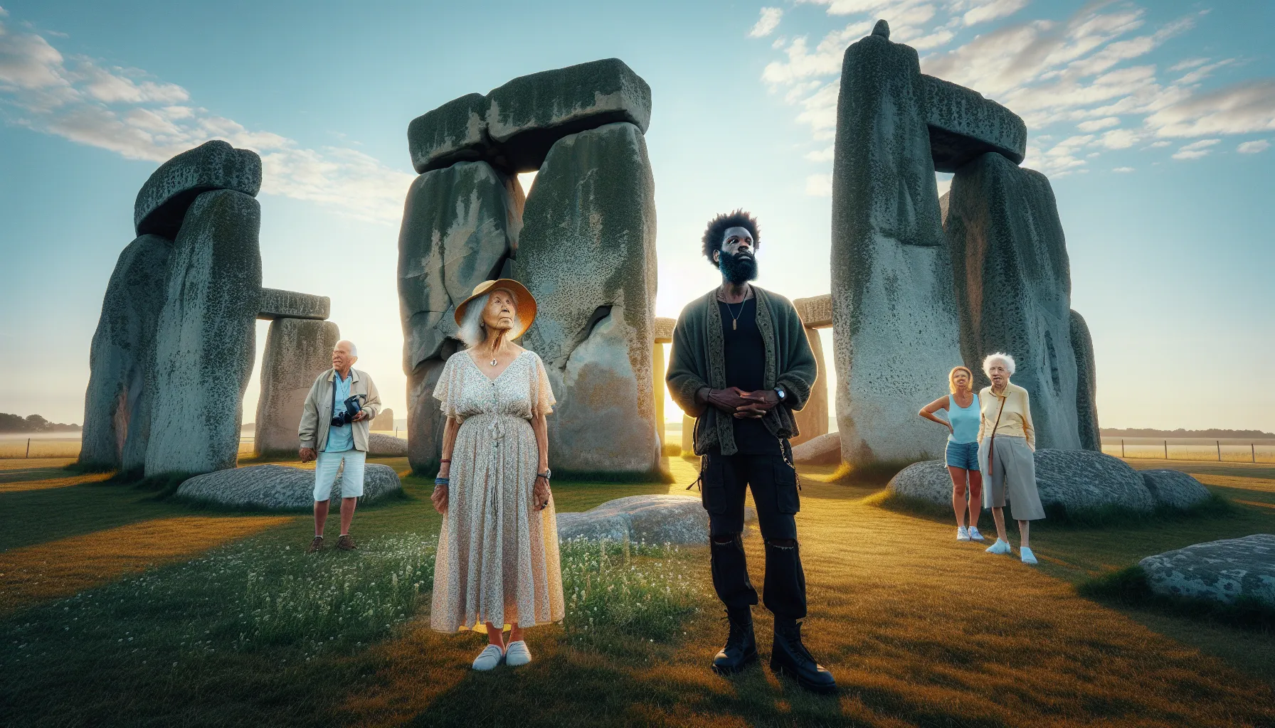 Visitors admiring Stonehenge at dawn with flowers in the foreground.