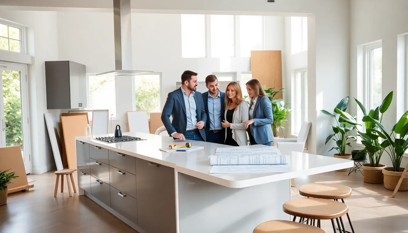 professionals discussing renovation plans in a modern kitchen.