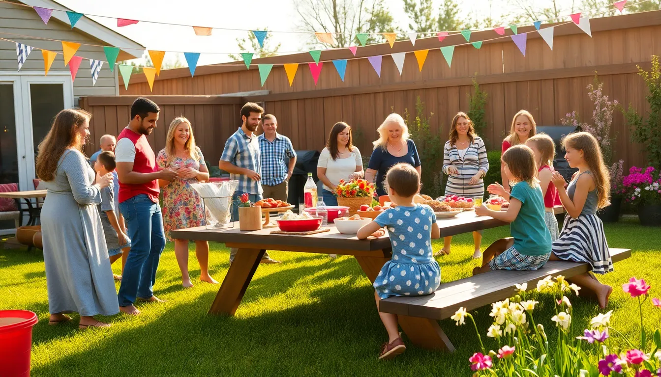 diverse group enjoying a budget-friendly backyard potluck gathering.