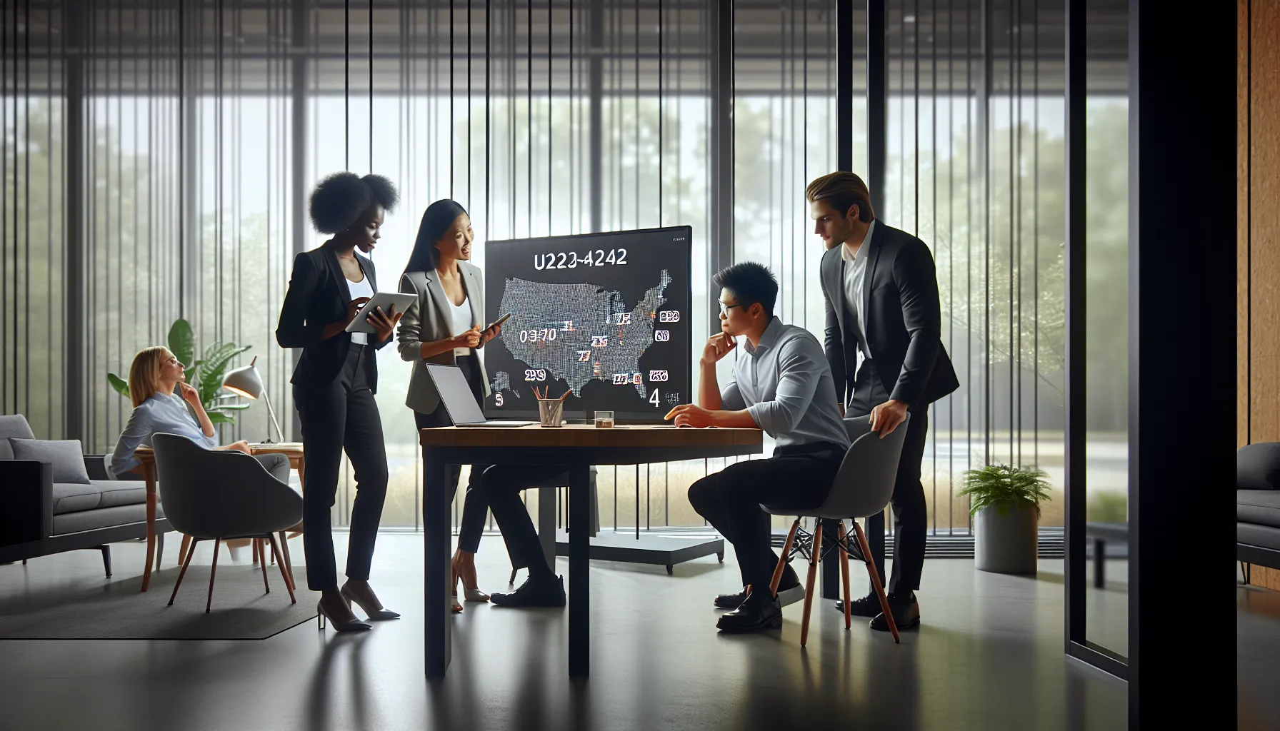 diverse professionals discussing phone number area codes in a modern office.