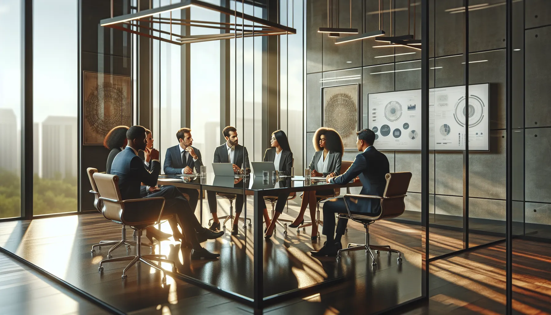 diverse professionals discussing leadership in a modern conference room.