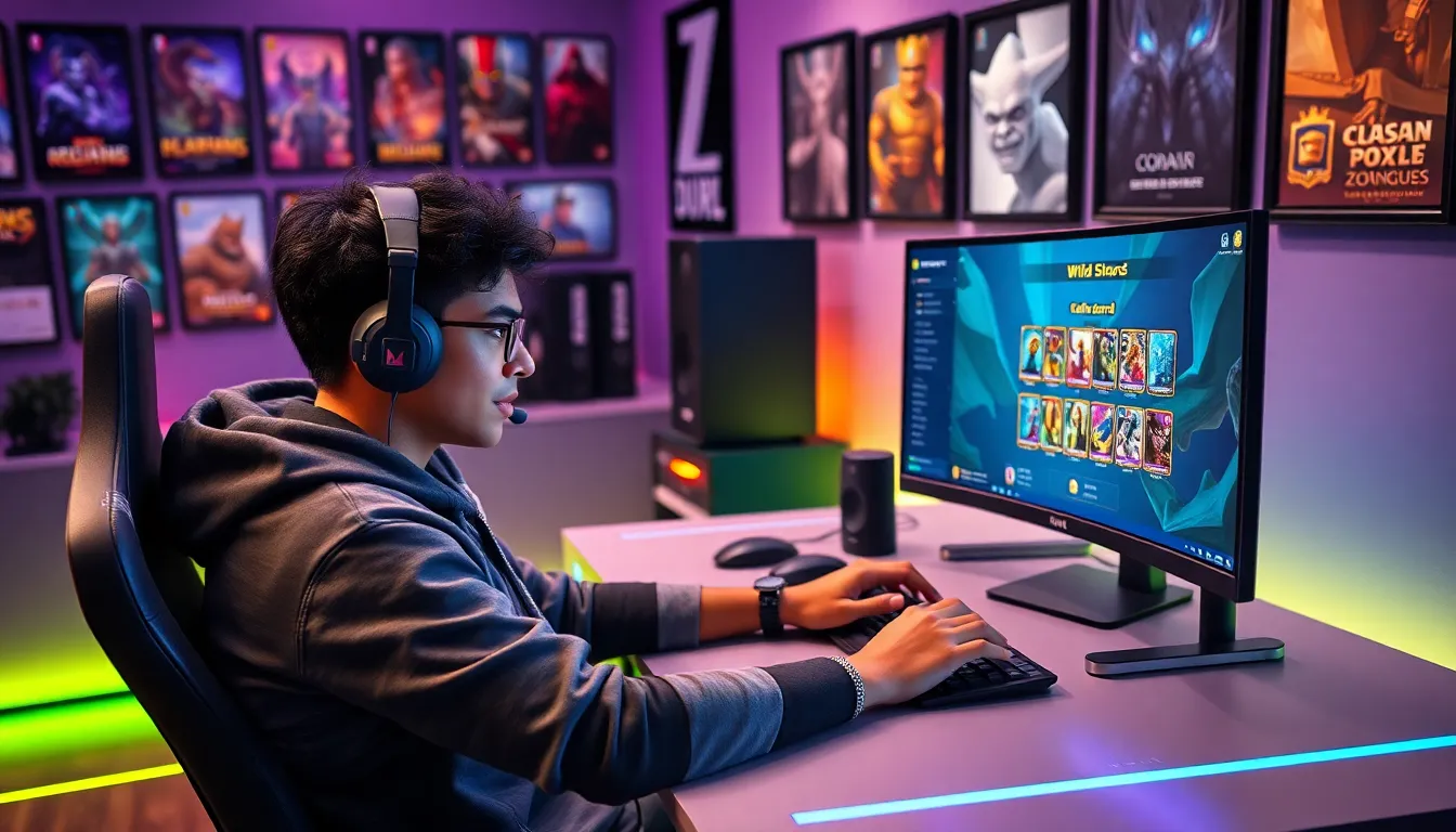 gamer crafting cards with wild shards in a modern gaming setup.