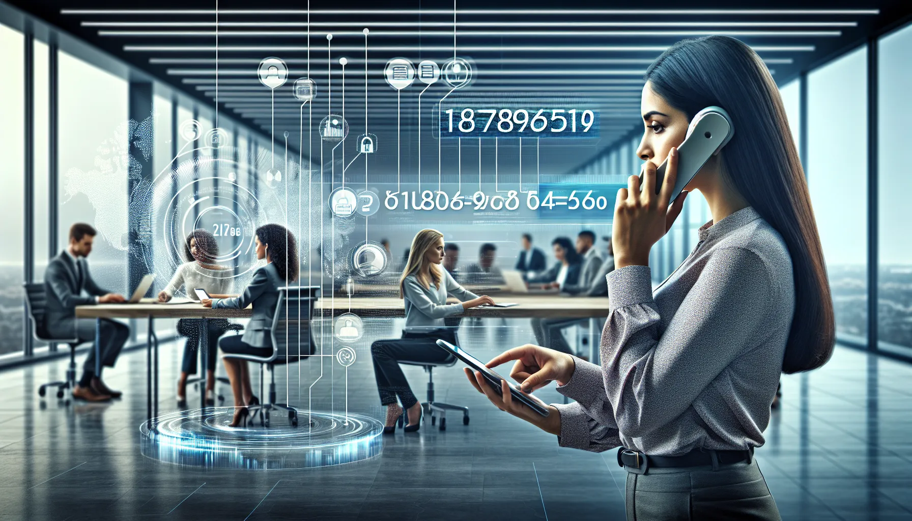 businesswoman on a call in a modern office setting.