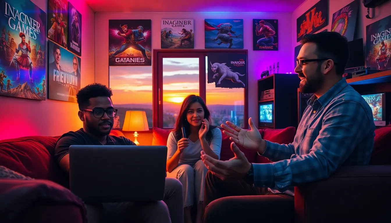 a diverse group of gamers sharing experiences in a vibrant game room.