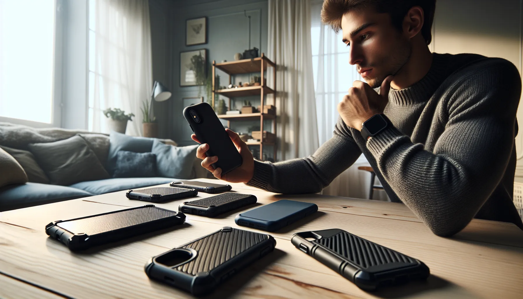 Norwegian man comparing silicone, hybrid and rugged phone cases at a kitchen table.