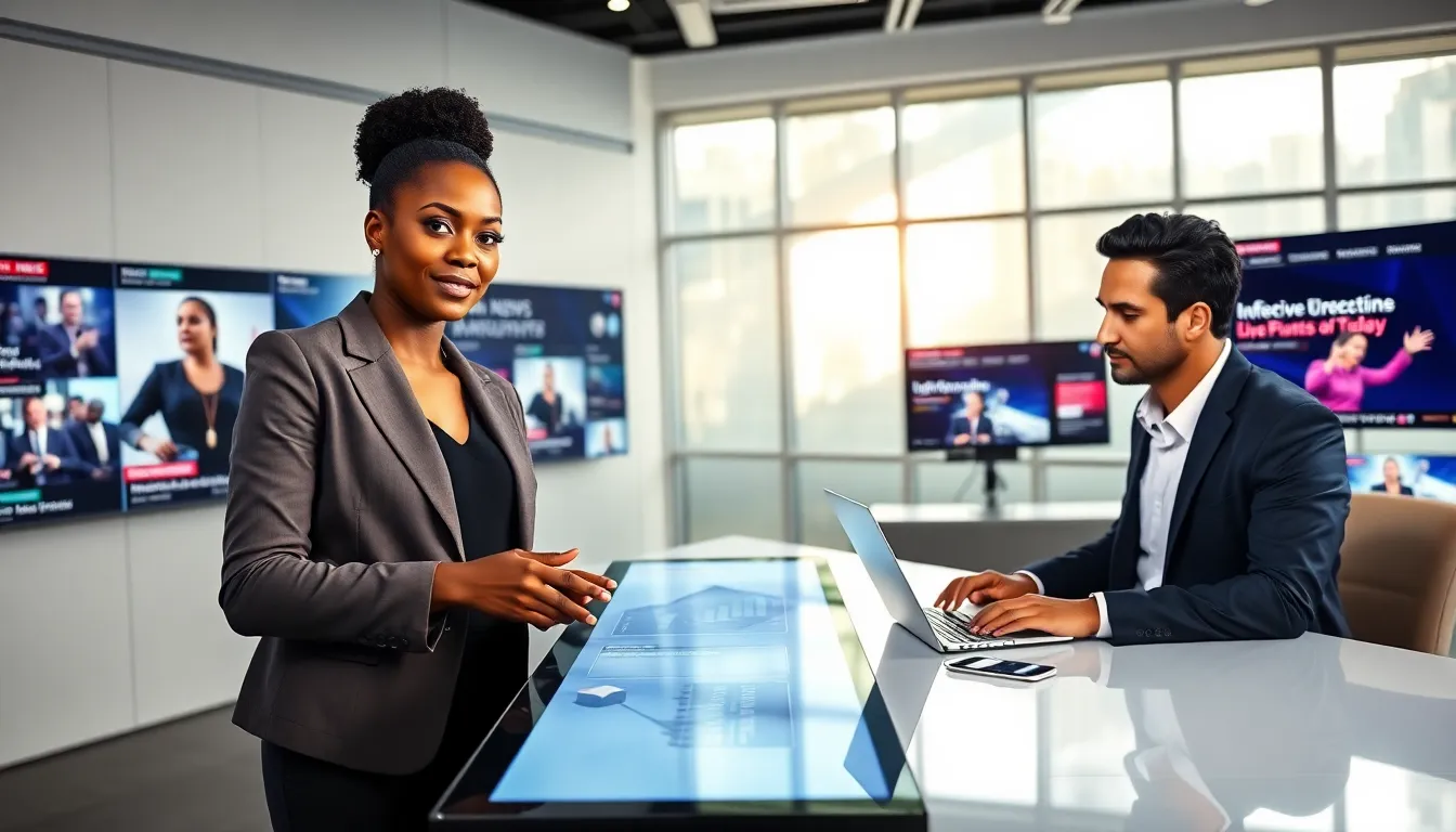 diverse professionals in a modern newsroom using technology for news updates.