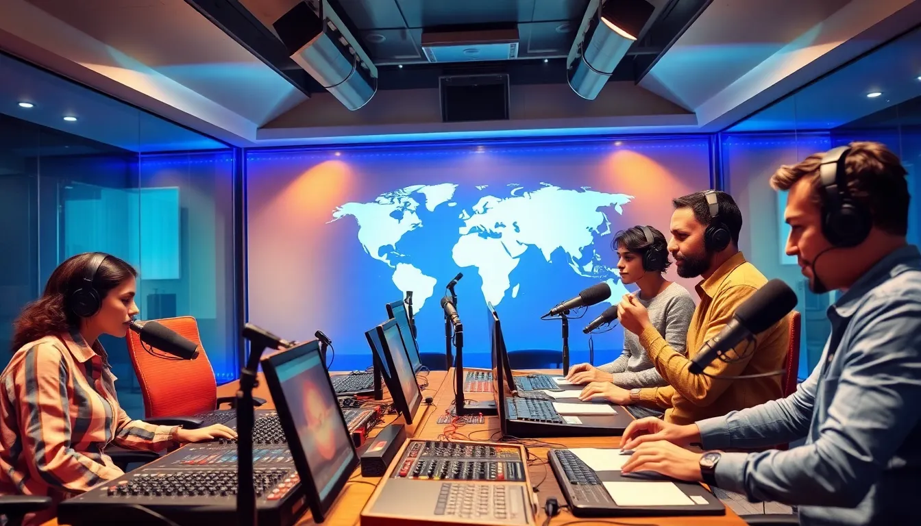 diverse team in a modern radio studio discussing content.