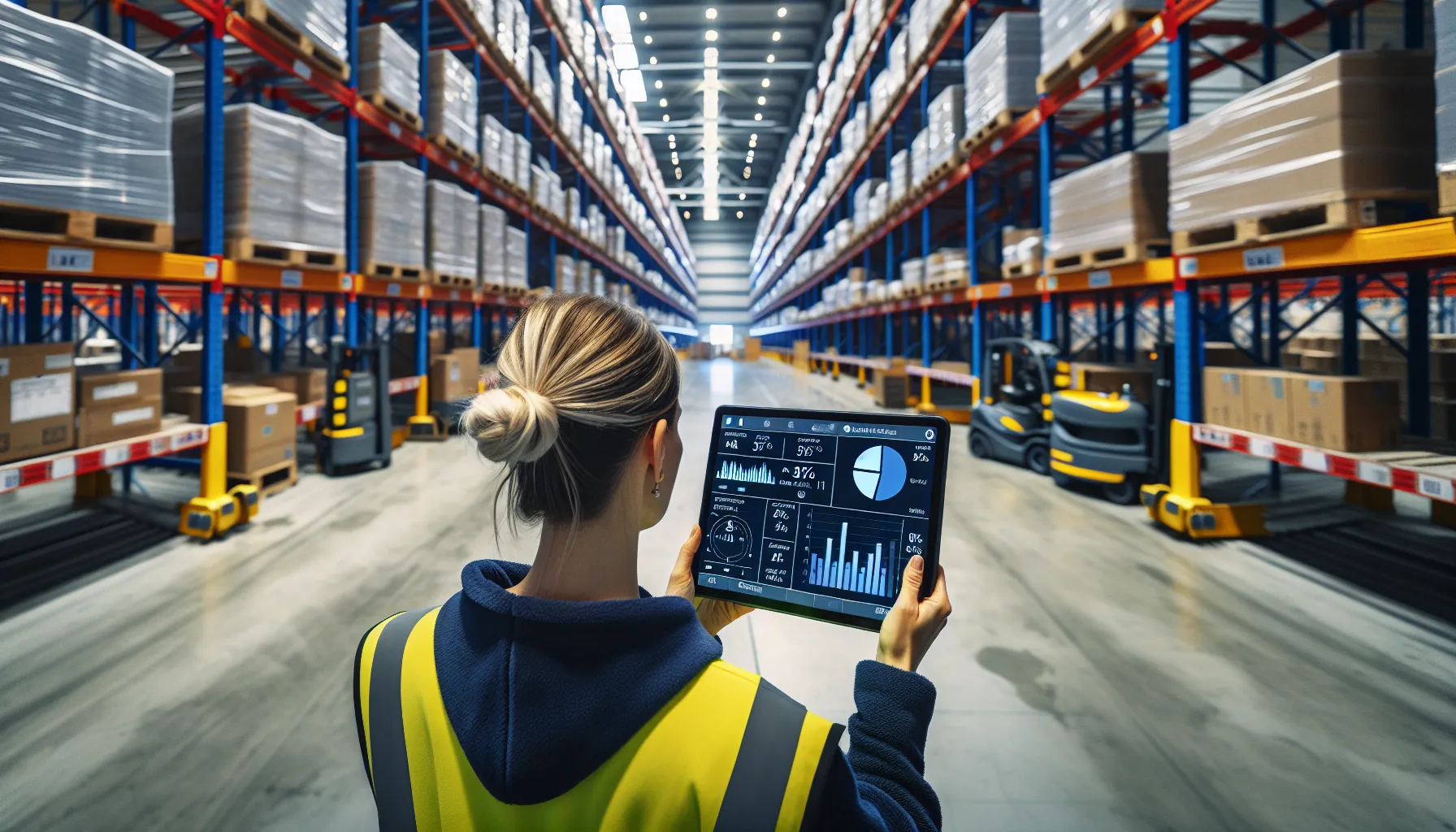 Norwegian warehouse manager reviews abc metrics on a tablet in organized aisles.