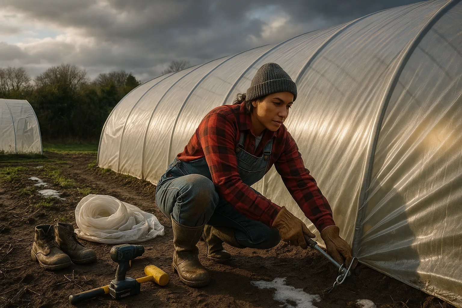 Grower anchoring a polytunnel beside a hedgerow after a winter storm.