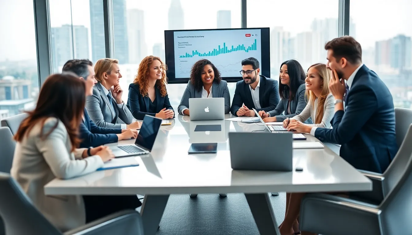 diverse professionals discussing politics in a modern office setting.