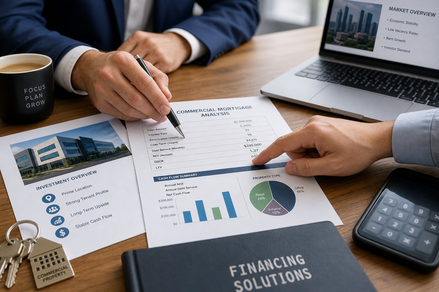 Close-up of hands reviewing commercial mortgage paperwork with a laptop and keys on a desk.
