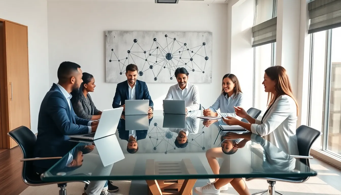 diverse professionals collaborating in a modern office setting.