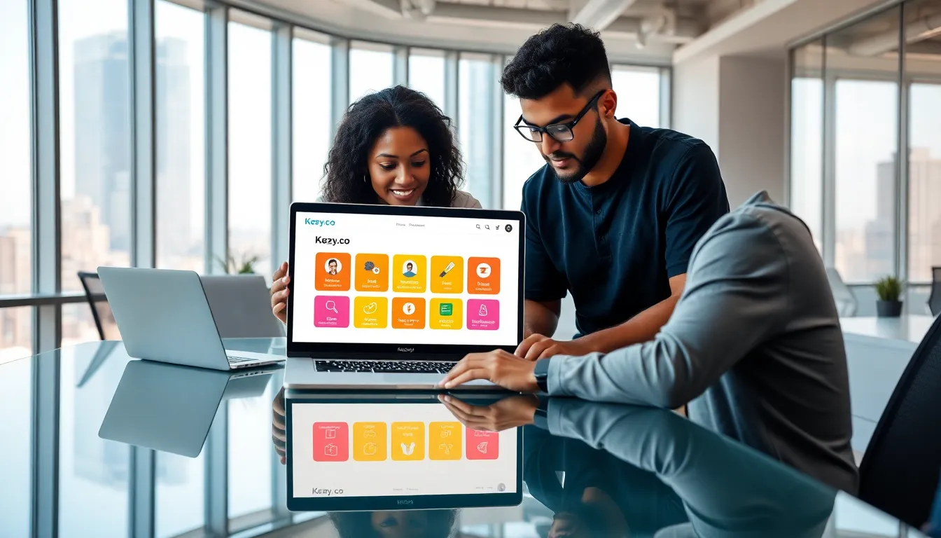 diverse team collaborating in a modern office with Keezy.co interface on laptop.