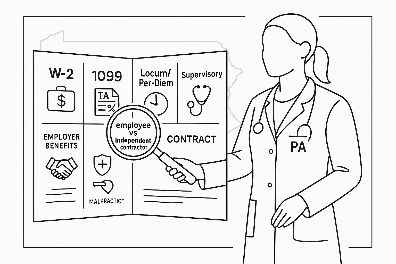 Physician assistant examining a divided contract with magnifying glass over classification of Pennsylvania Physician Assistant Contract Review.