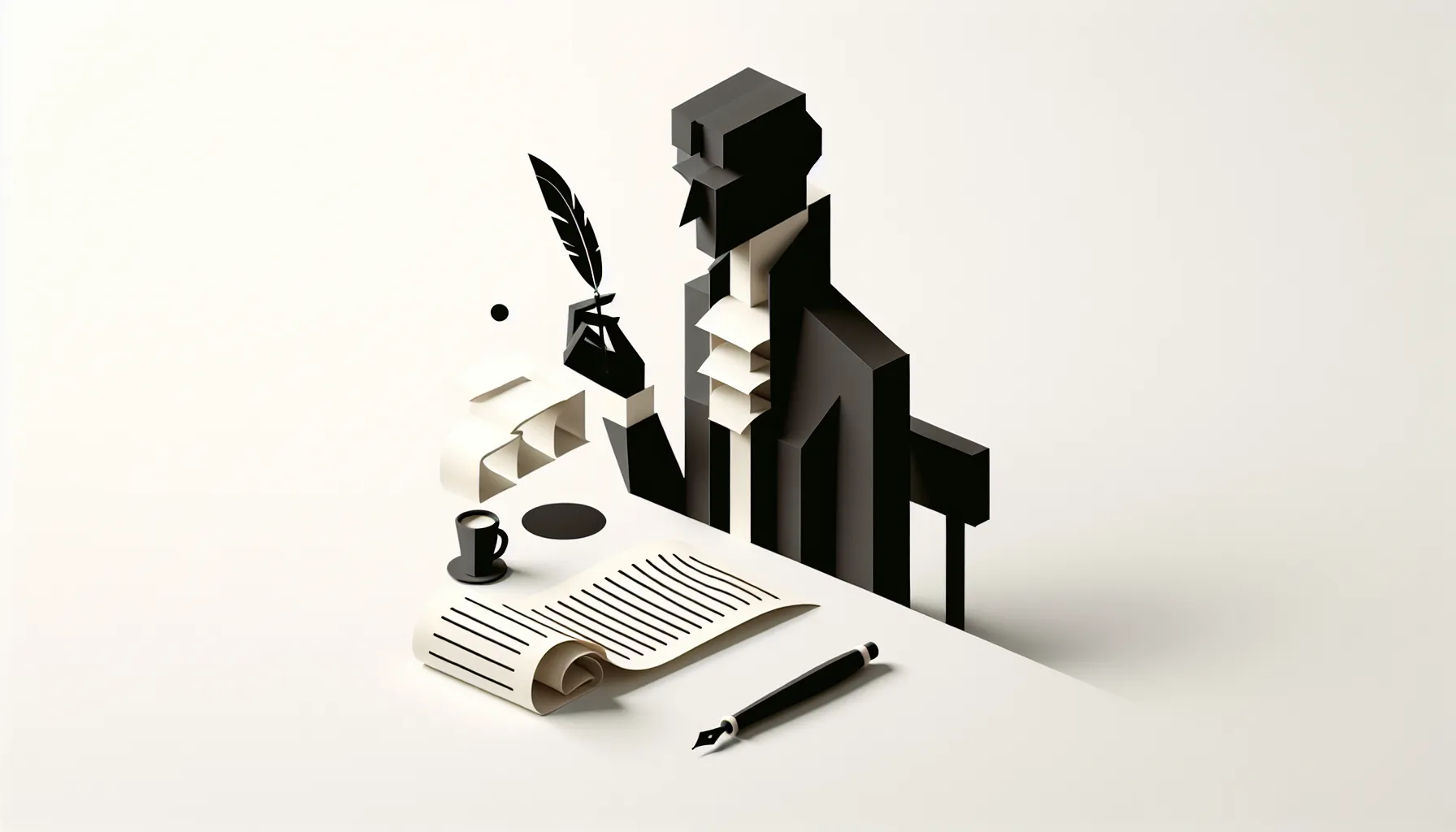 Silhouette of 19th-century French writer at desk with quill pen and coffee cup