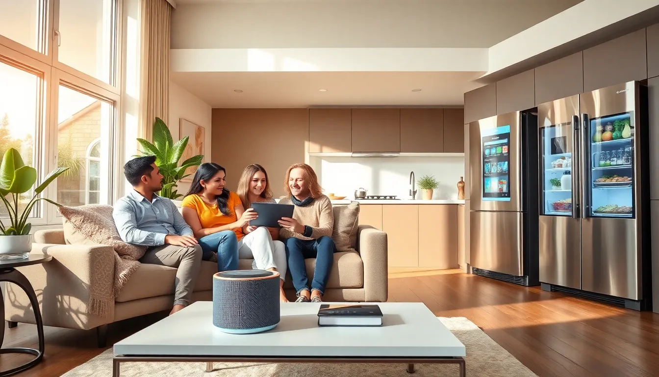 family using smart gadgets in a modern living room.