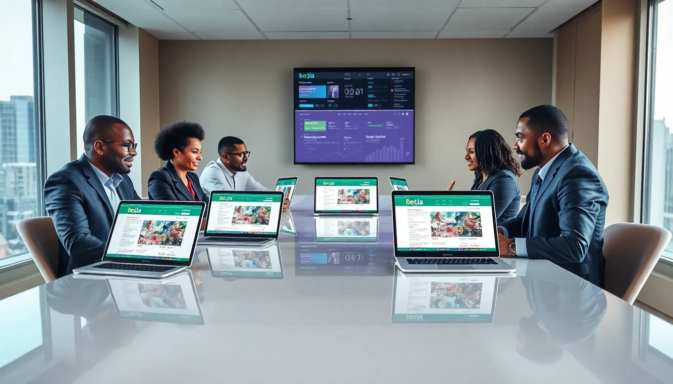 diverse team discussing online betting in a modern office.