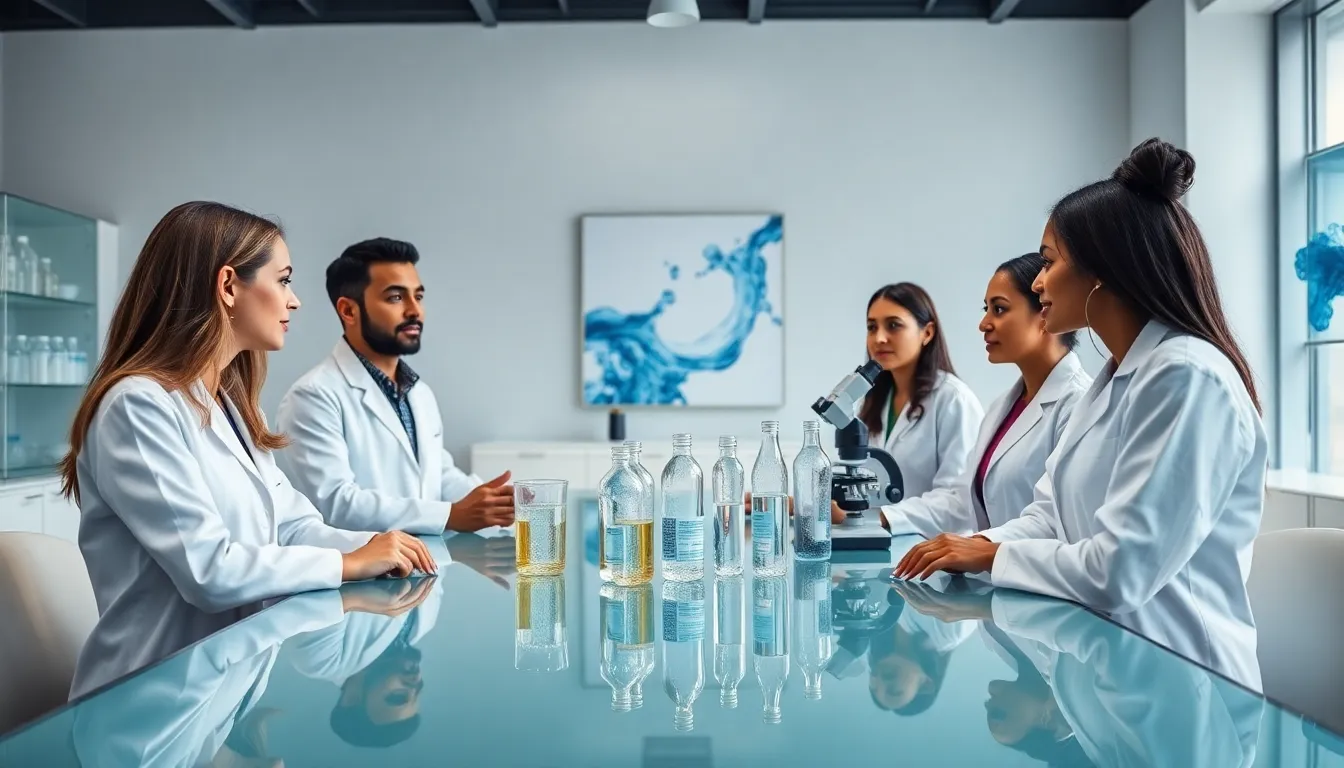 diverse team discussing hydration science in a modern lab.