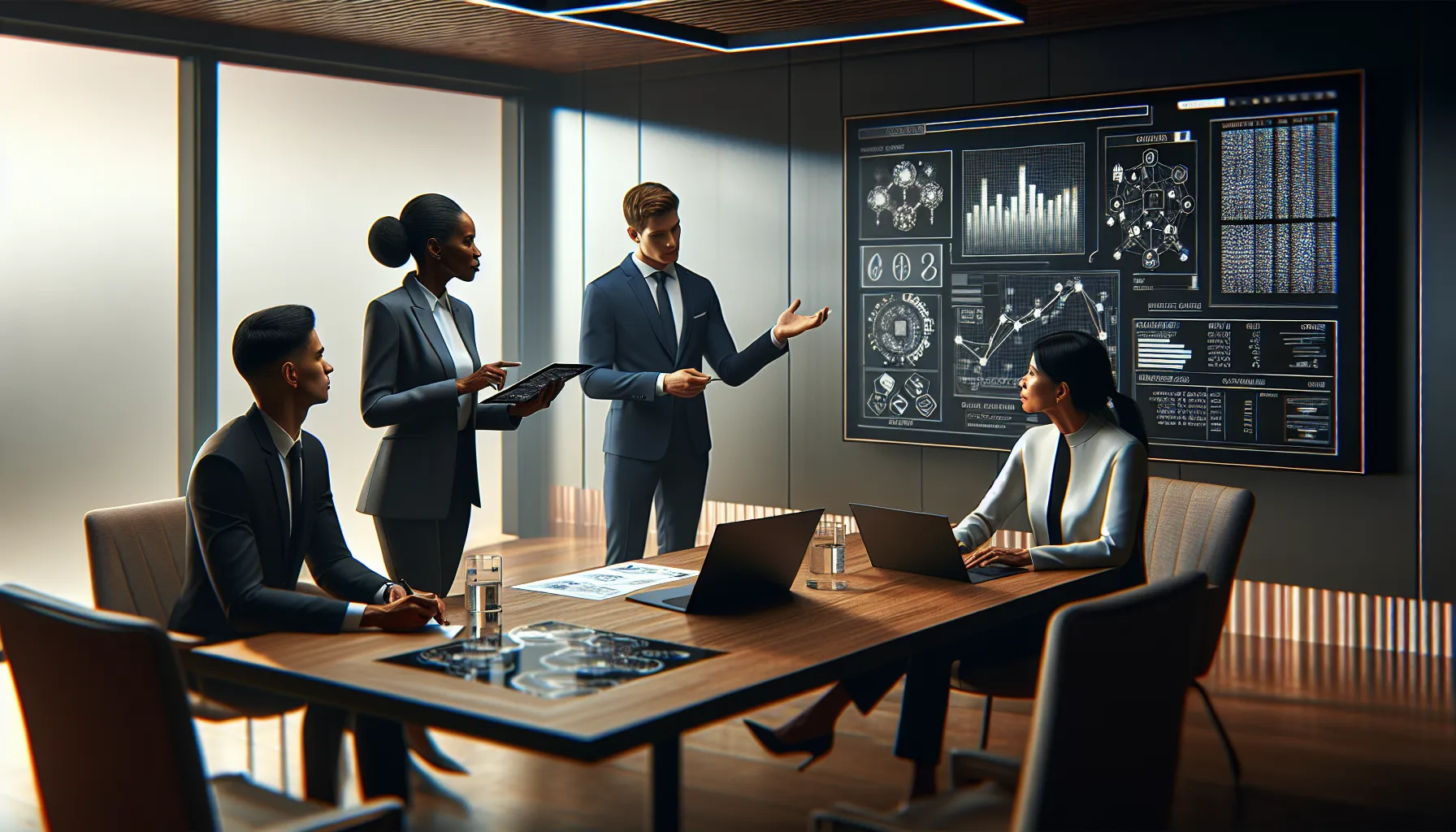 diverse team discussing numeric coding in a modern conference room.