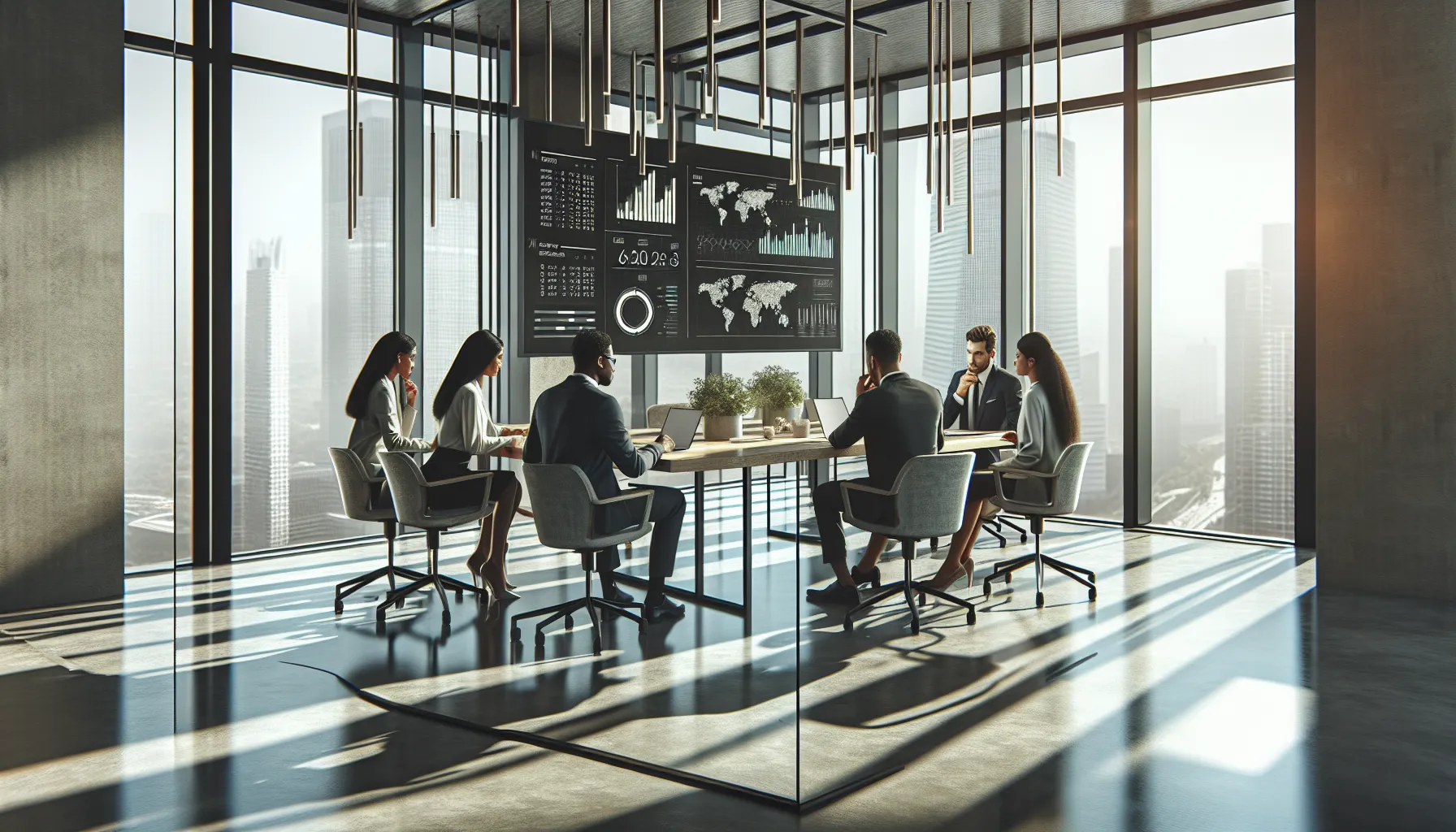 diverse team discussing data analytics in a modern office.