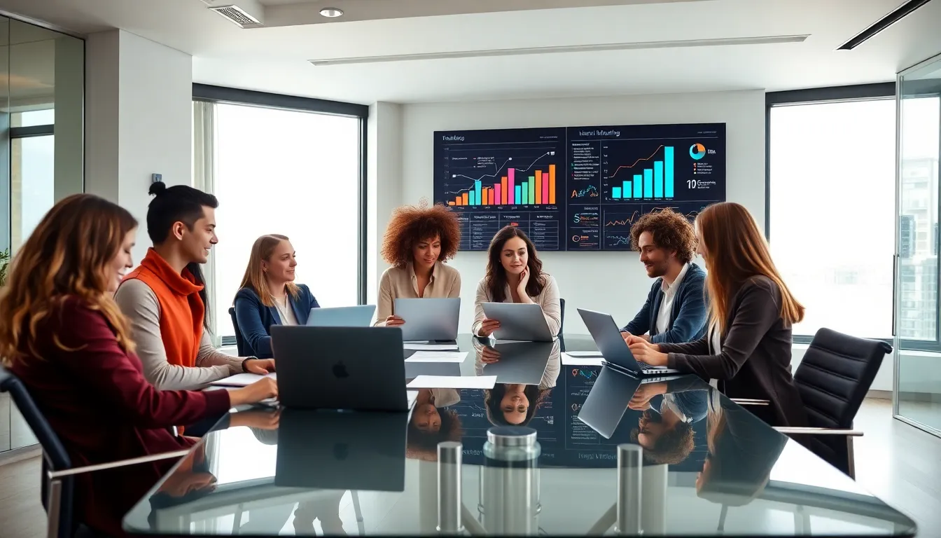 diverse professionals collaborating on digital marketing strategies in a modern office.