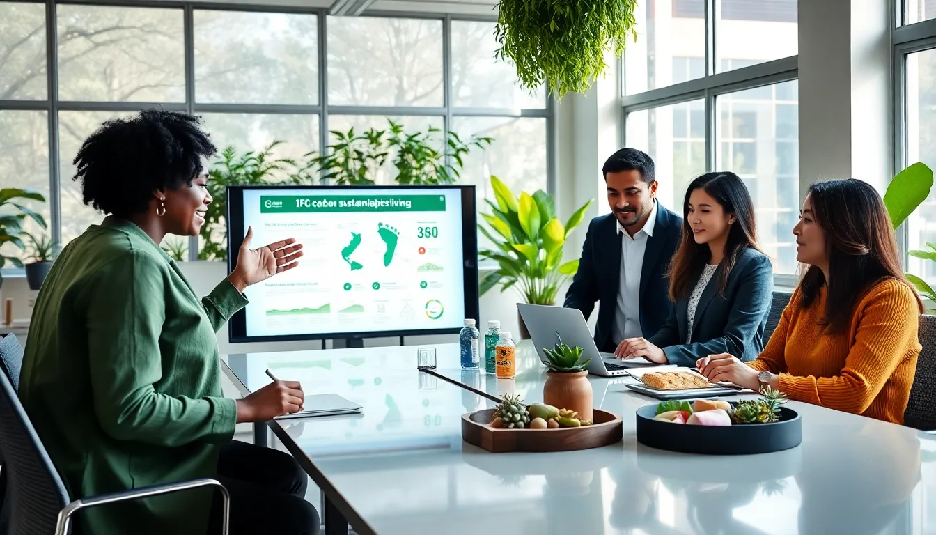 diverse team in a modern workspace discussing sustainable living.