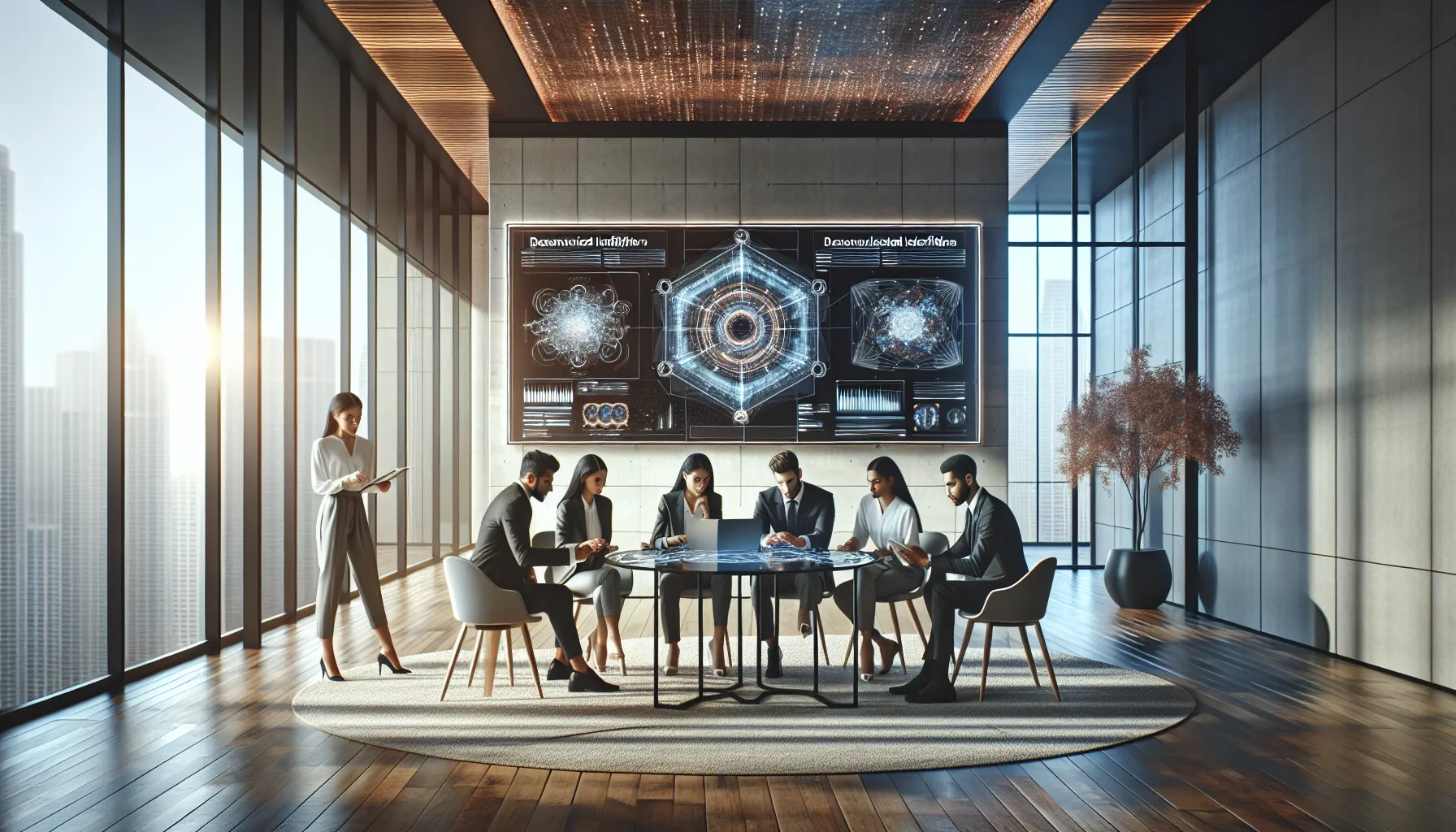 diverse professionals collaborating in a high-tech workspace.