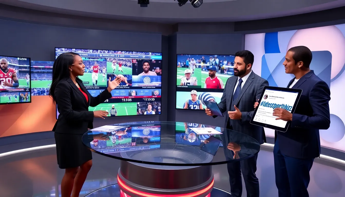 sports news presenters discussing trending events in a modern studio.