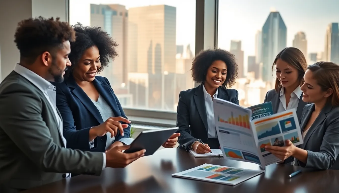 four real estate professionals discussing market trends in a modern office.
