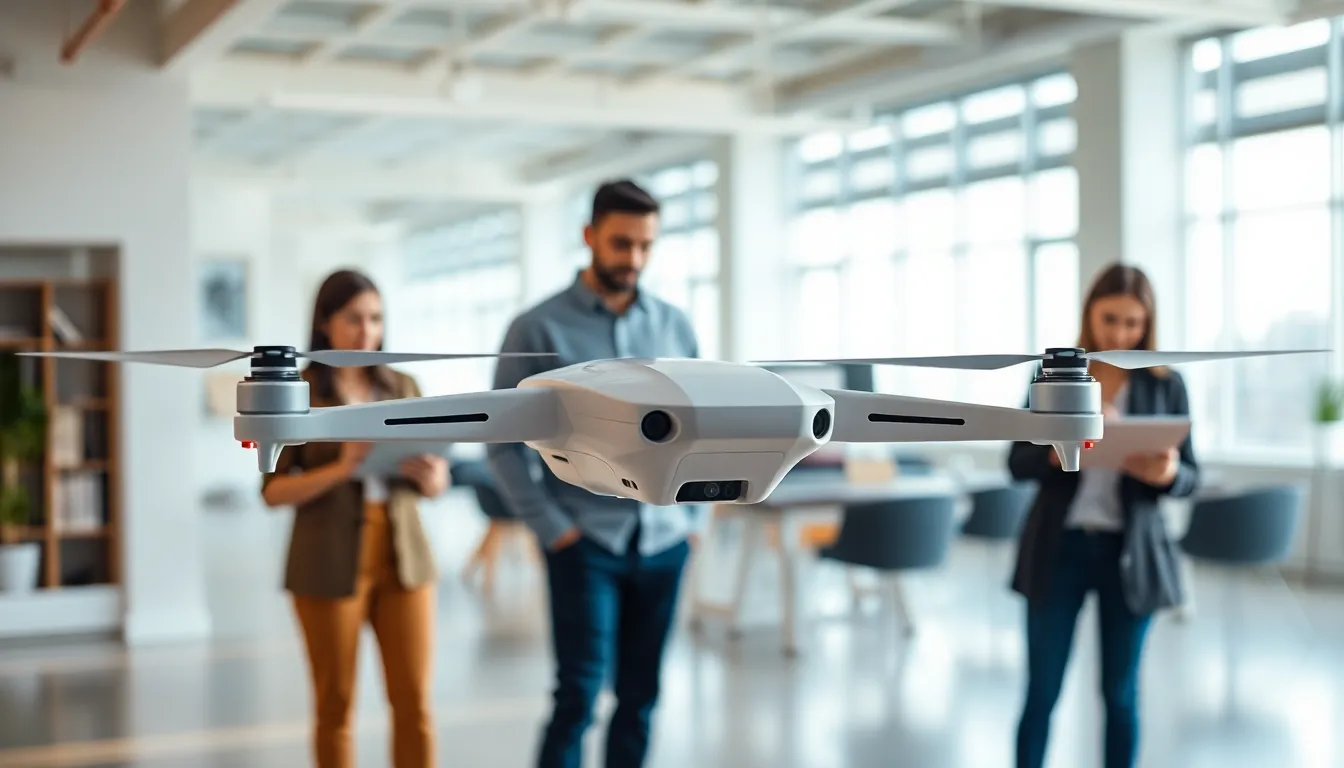 Modern drone in a collaborative workspace with diverse professionals.