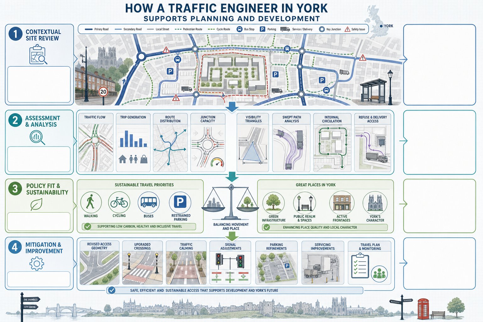 Infographic of traffic engineering steps for planning and development in York.