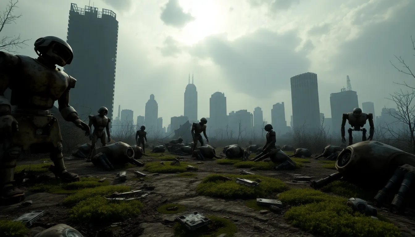 abandoned robots and ruins in a dystopian landscape.
